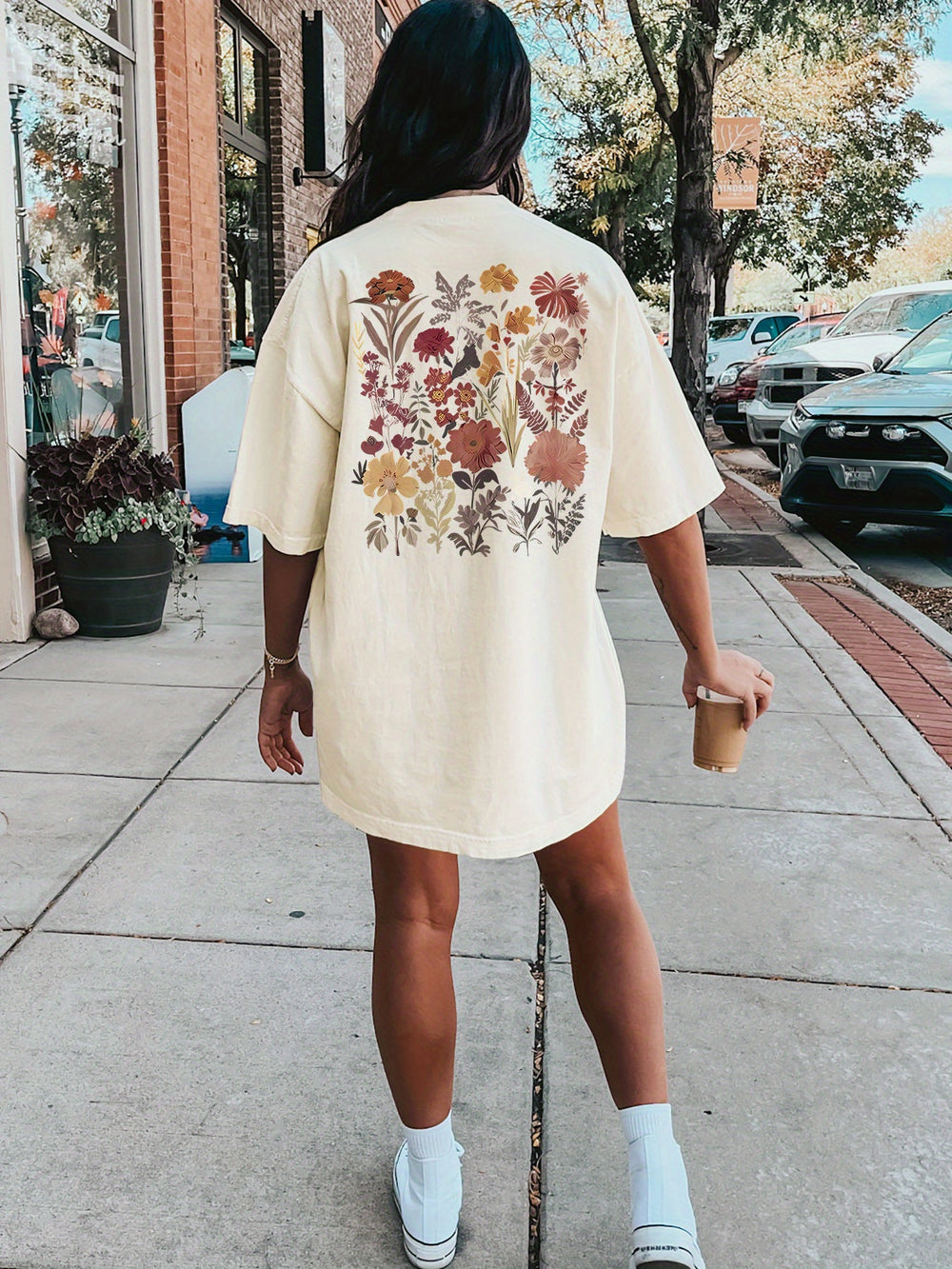 Tee Jurk - Bloemen Grafische Print & Crew Neck Design