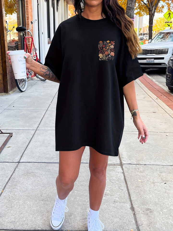 Tee Jurk - Bloemen Grafische Print & Crew Neck Design