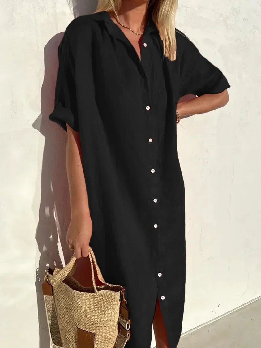 Tori - Elegante casual jurk voor dames met volle mouwen en knopen Katoenen en linnen jurk