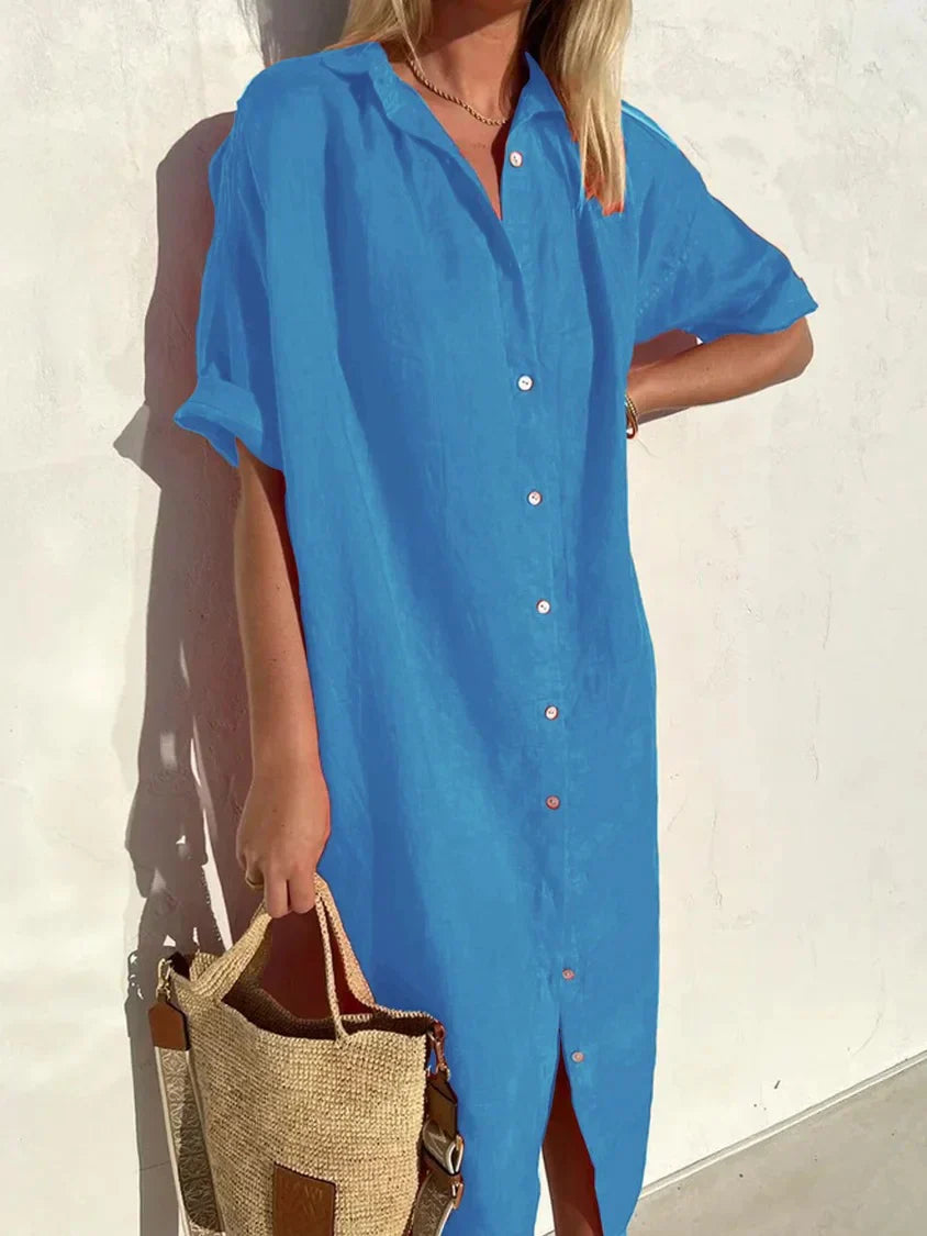 Tori - Elegante casual jurk voor dames met volle mouwen en knopen Katoenen en linnen jurk