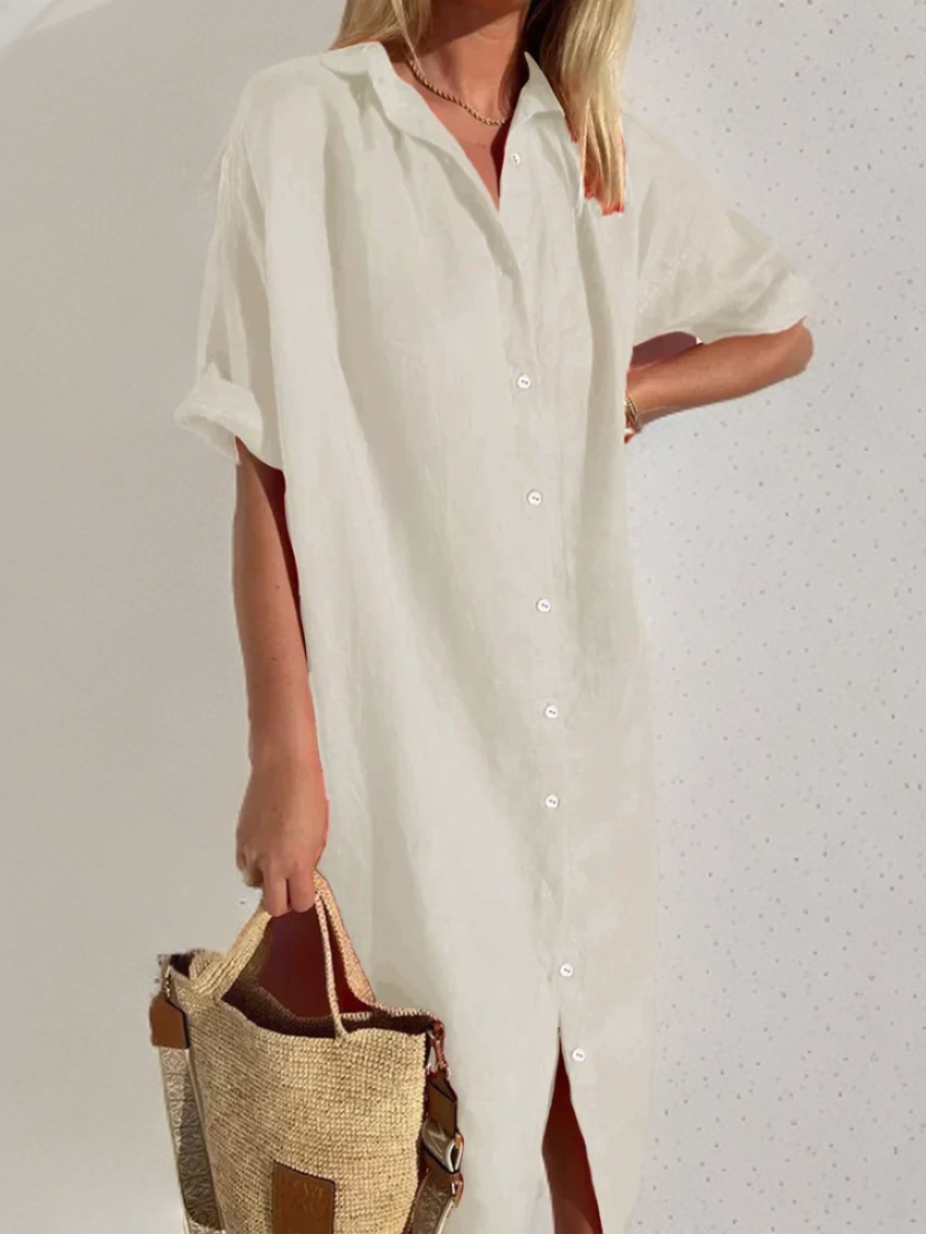 Tori - Elegante casual jurk voor dames met volle mouwen en knopen Katoenen en linnen jurk
