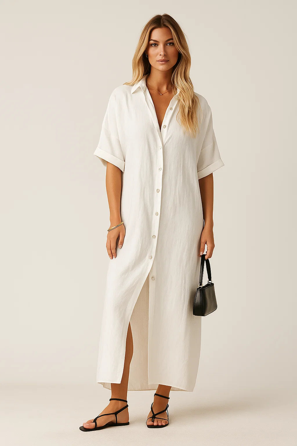 Tori - Elegante casual jurk voor dames met volle mouwen en knopen Katoenen en linnen jurk