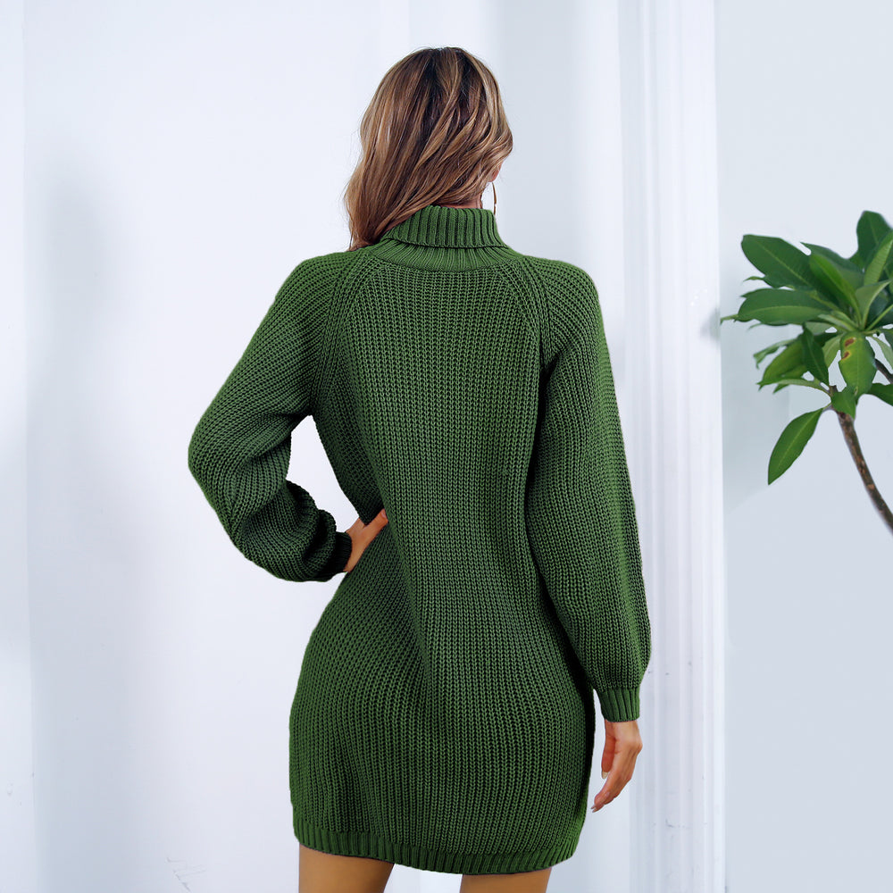 Turtleneck Sweater Dress - Decoratief Knoopdetail & Lange Mouw