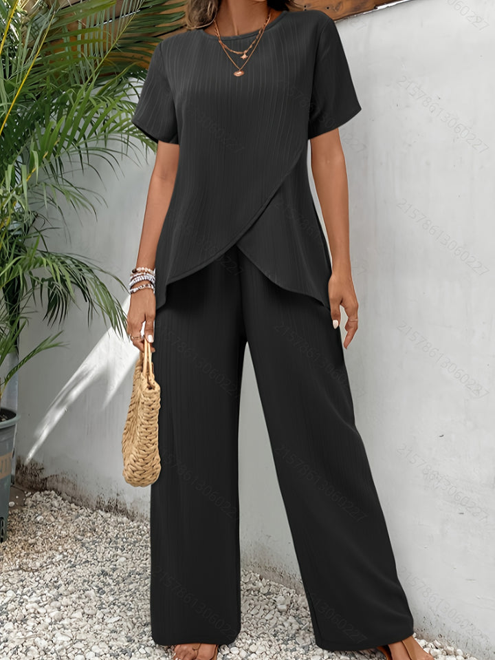 Twee-Delige Set – Effen Top & Normale Pasvorm Broek