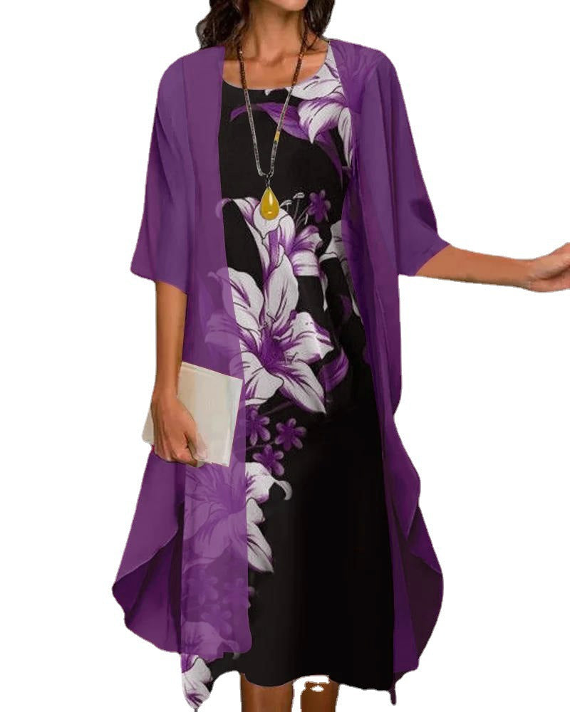 Tweedelige Jurk - Bloemenprint & Mesh Cardigan