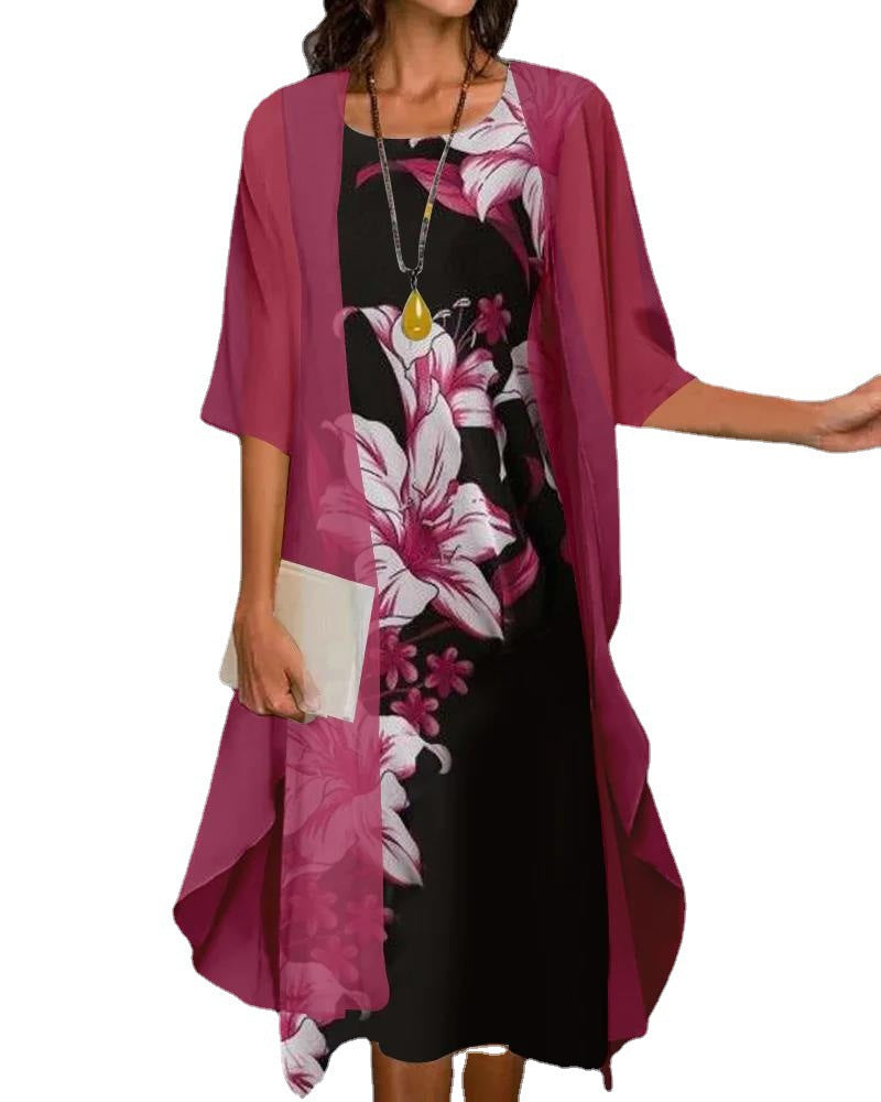 Tweedelige Jurk - Bloemenprint & Mesh Cardigan