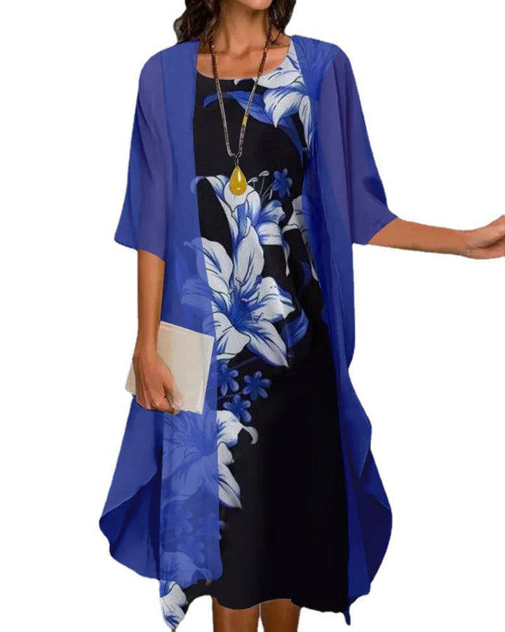 Tweedelige Jurk - Bloemenprint & Mesh Cardigan