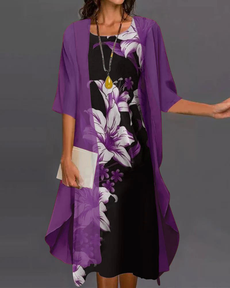 Tweedelige Jurk - Bloemenprint & Mesh Cardigan