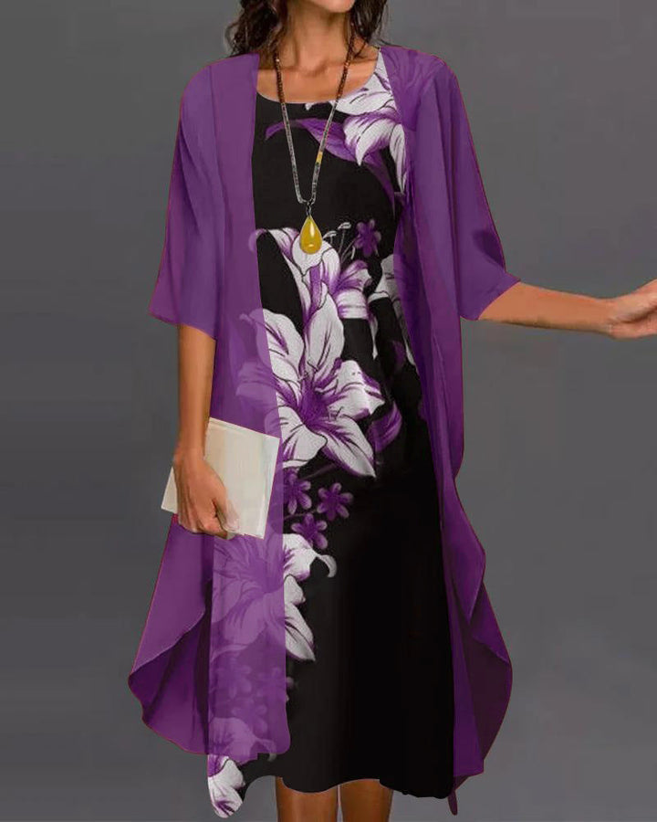 Tweedelige Jurk - Bloemenprint & Mesh Cardigan