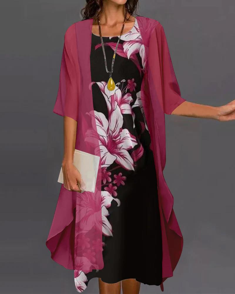 Tweedelige Jurk - Bloemenprint & Mesh Cardigan