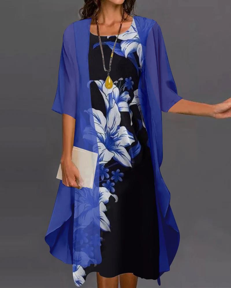 Tweedelige Jurk - Bloemenprint & Mesh Cardigan