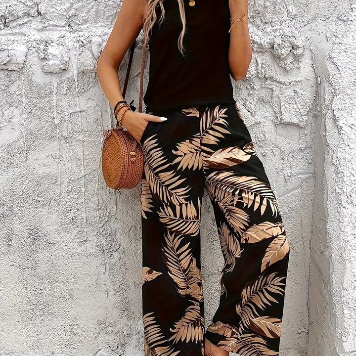 Tweedelige Set – Mouwloze Top & Lange Broek met Bedrukking