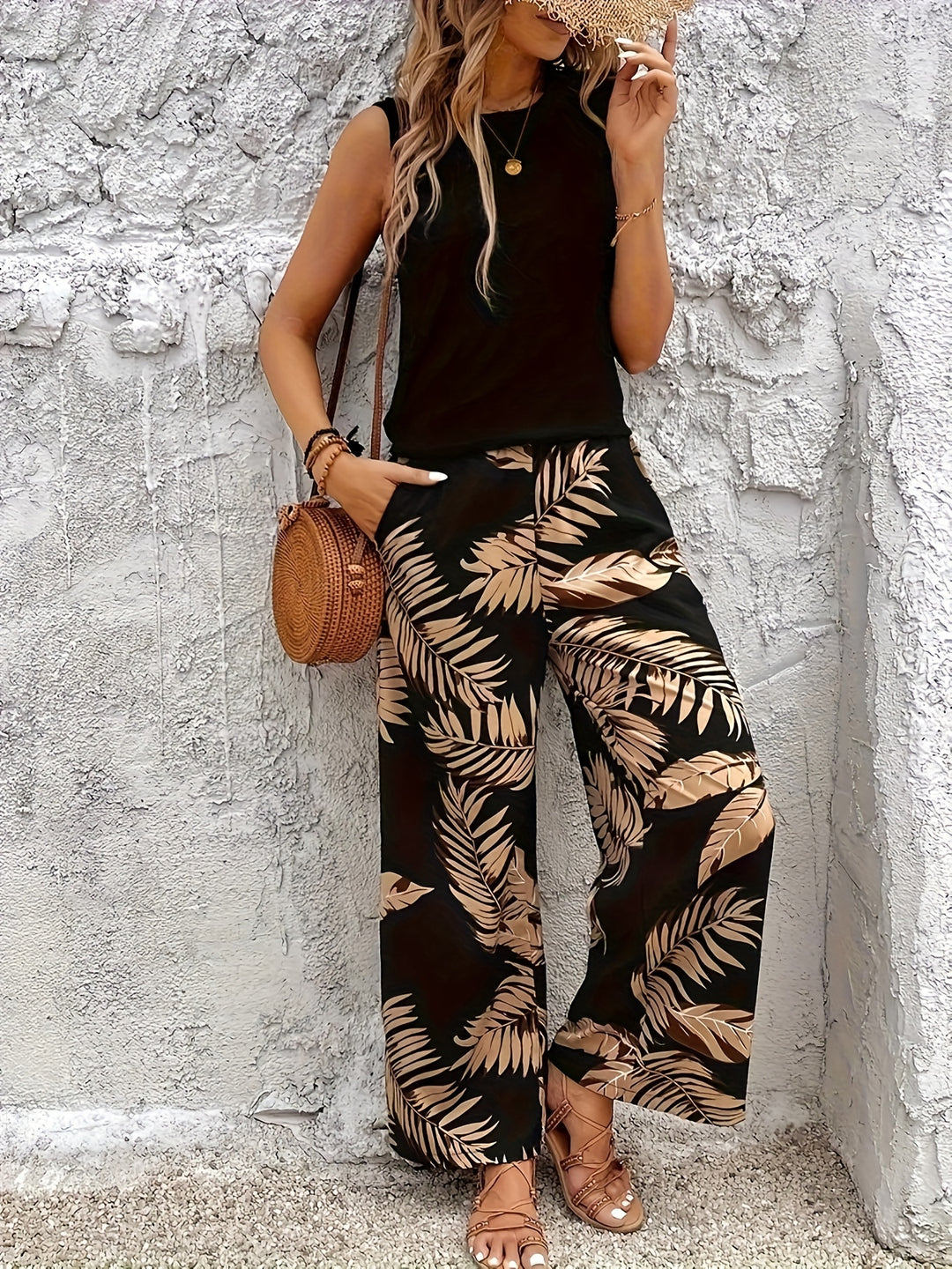 Tweedelige Set – Mouwloze Top & Lange Broek met Bedrukking