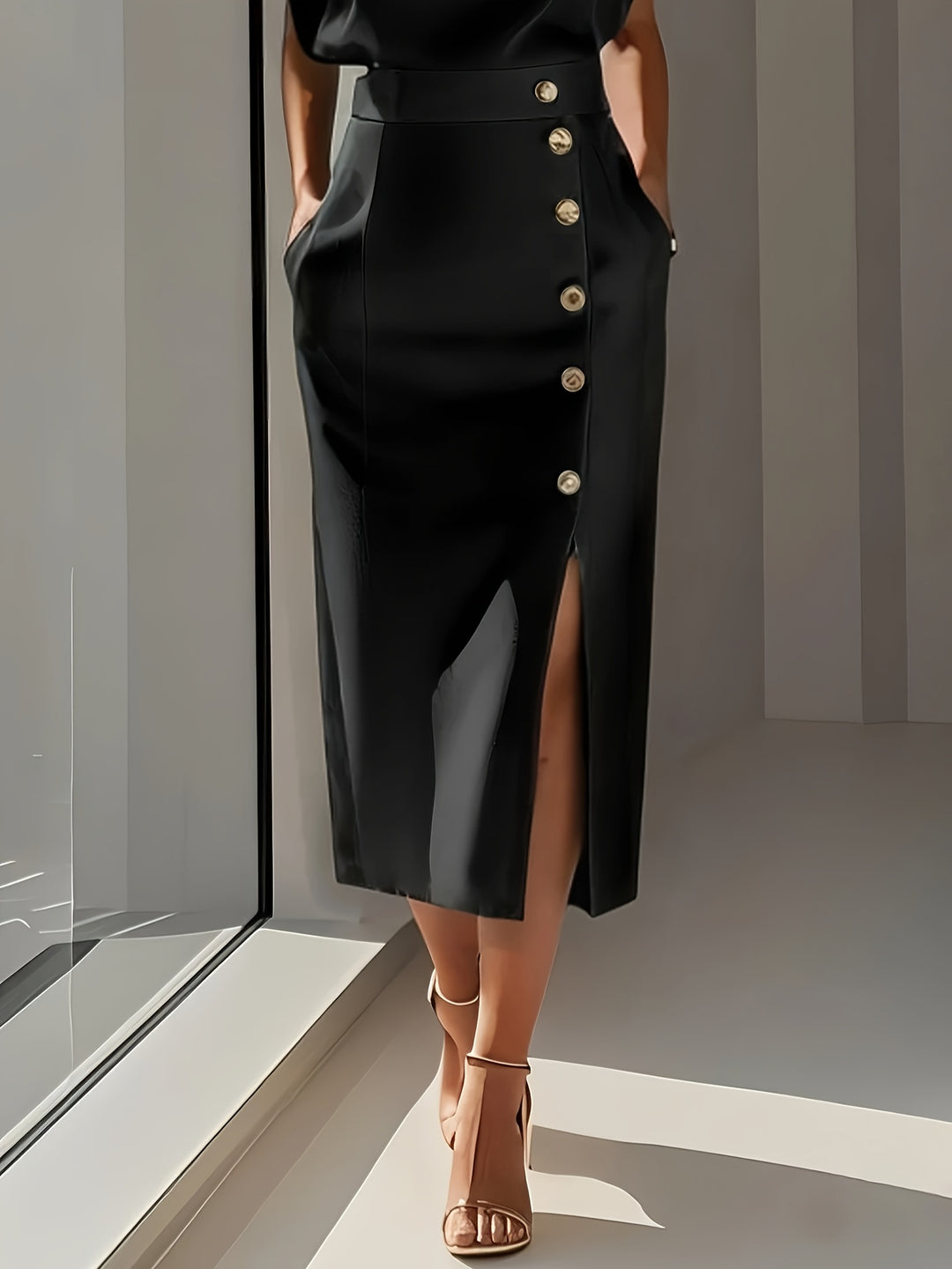 Tweedelige Set – Mouwloze Top & Midi-Rok met Knoopdetails