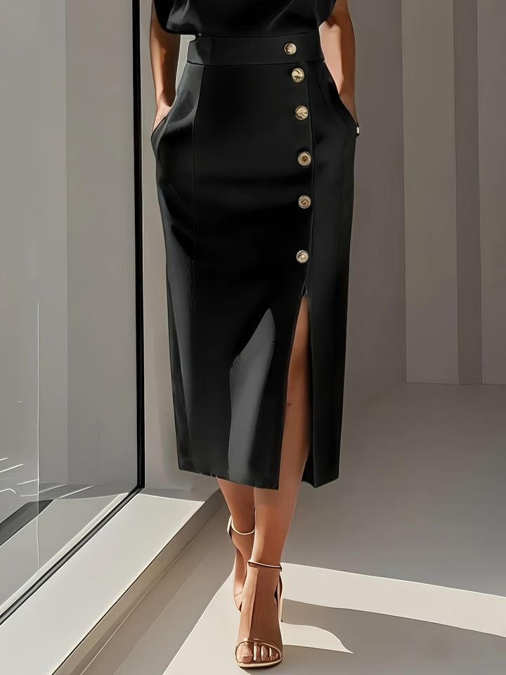 Tweedelige Set – Mouwloze Top & Midi-Rok met Knoopdetails