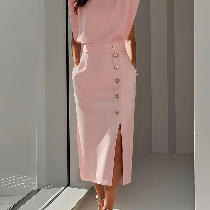 Tweedelige Set – Mouwloze Top & Midi-Rok met Knoopdetails