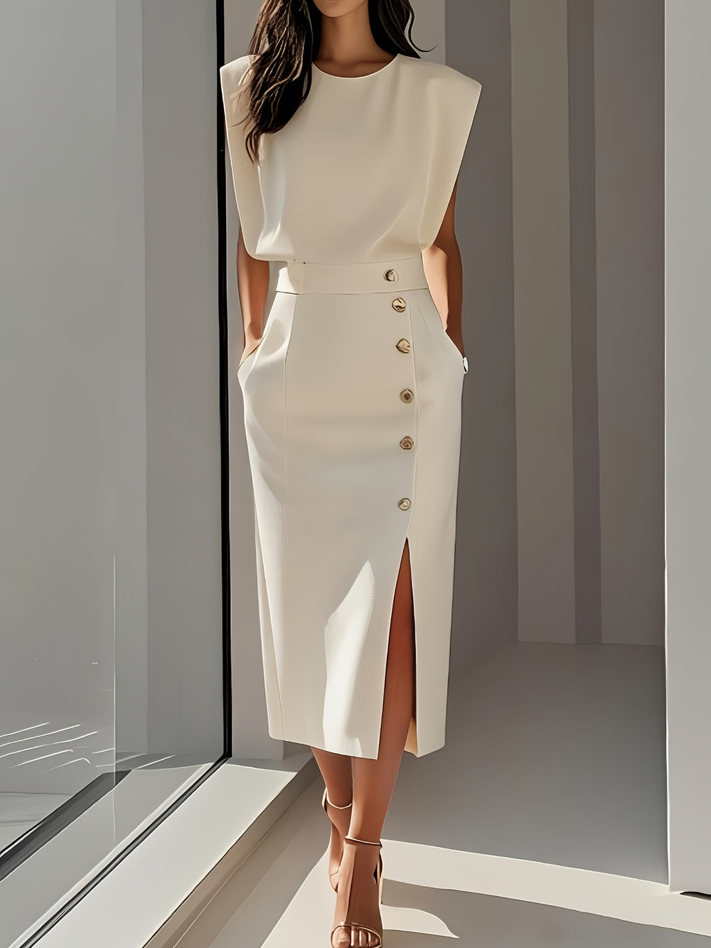 Tweedelige Set – Mouwloze Top & Midi-Rok met Knoopdetails
