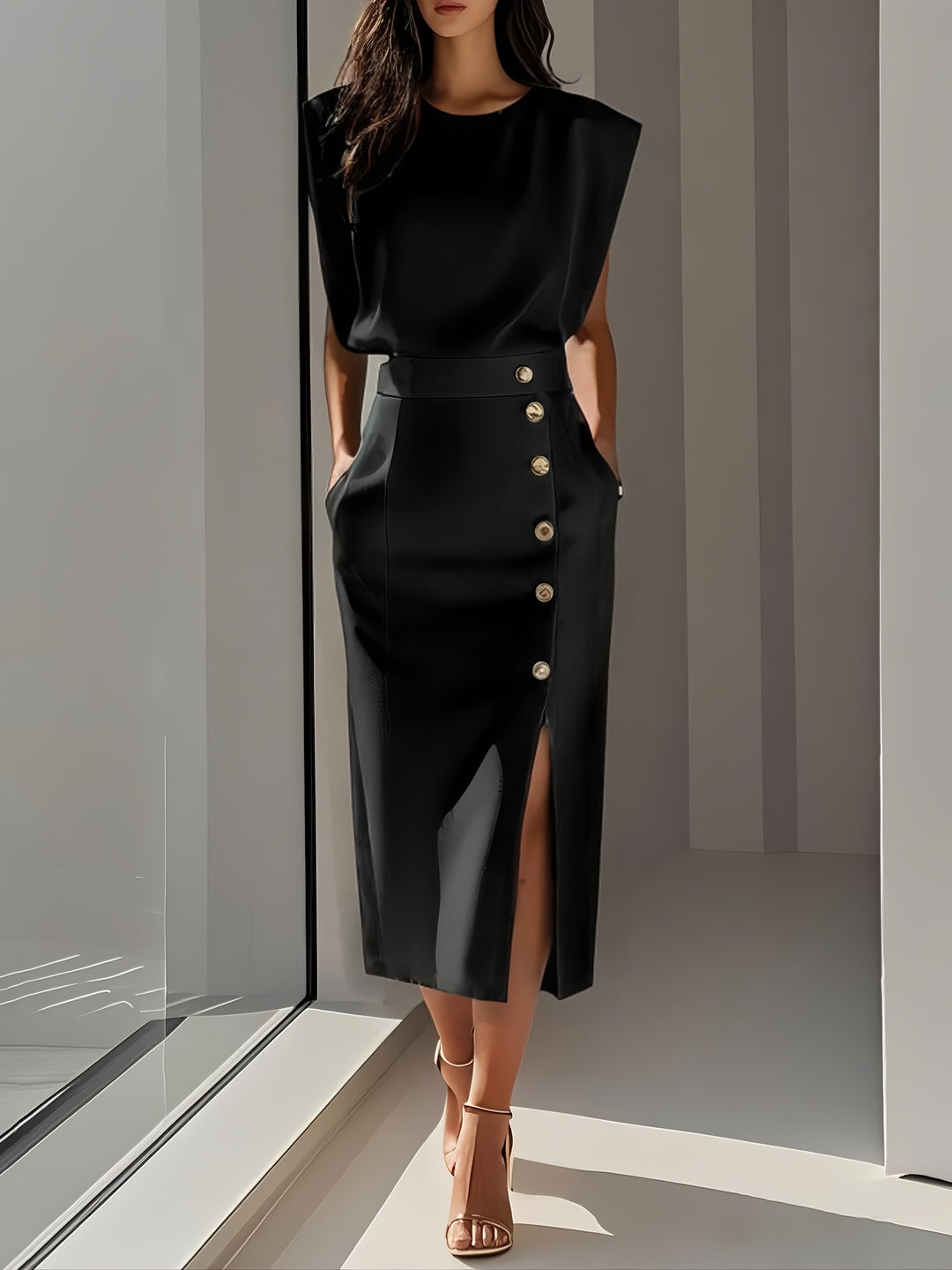 Tweedelige Set – Mouwloze Top & Midi-Rok met Knoopdetails