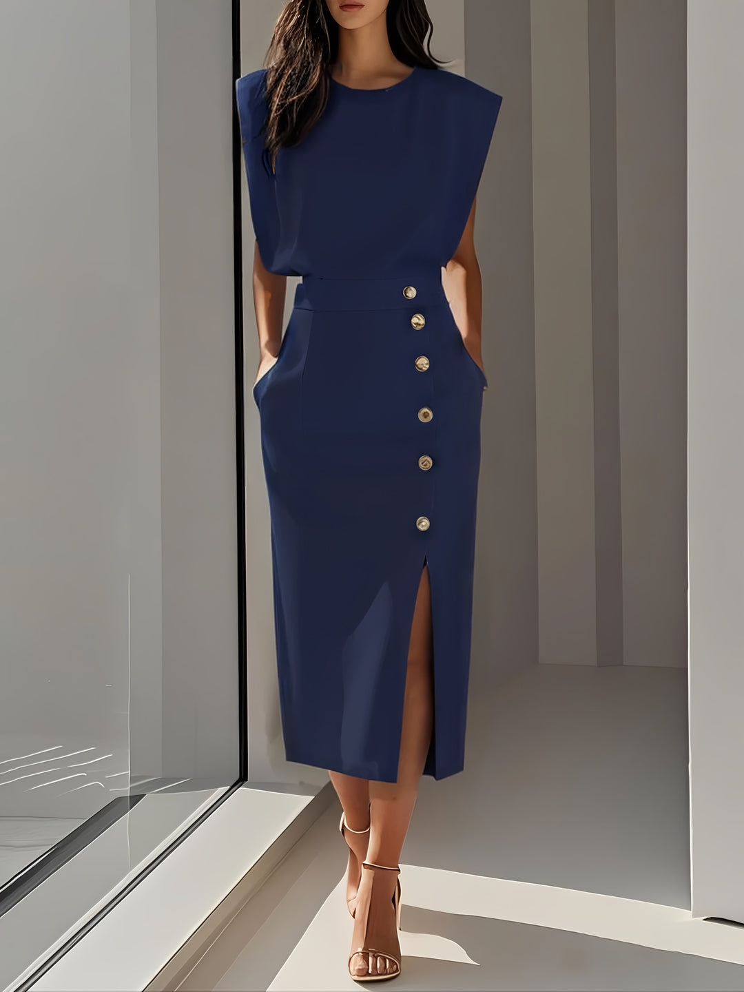 Tweedelige Set – Mouwloze Top & Midi-Rok met Knoopdetails