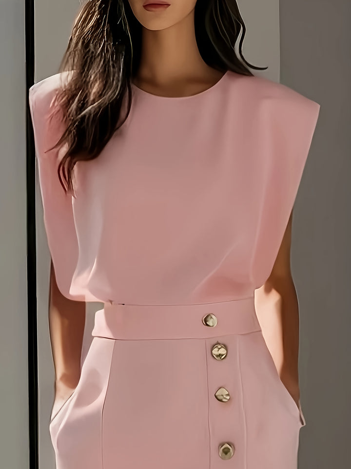Tweedelige Set – Mouwloze Top & Midi-Rok met Knoopdetails