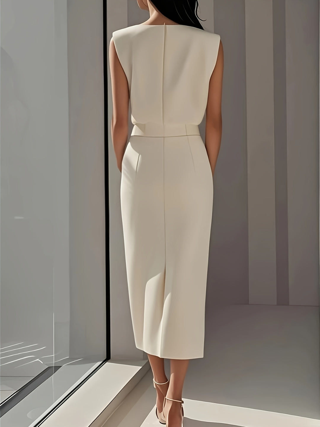Tweedelige Set – Mouwloze Top & Midi-Rok met Knoopdetails
