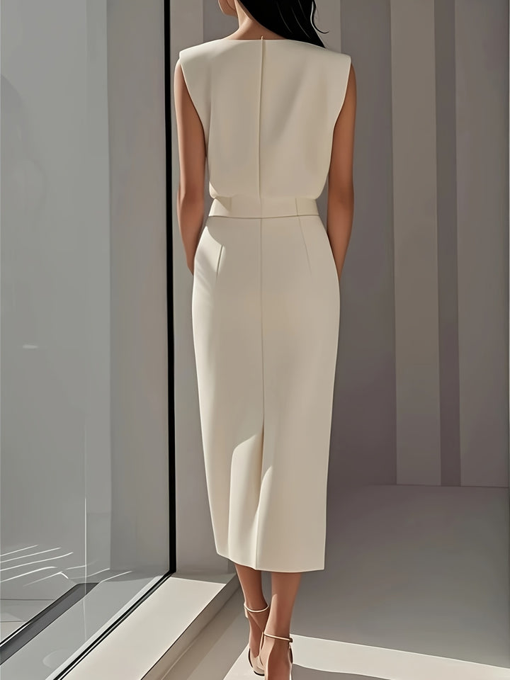 Tweedelige Set – Mouwloze Top & Midi-Rok met Knoopdetails