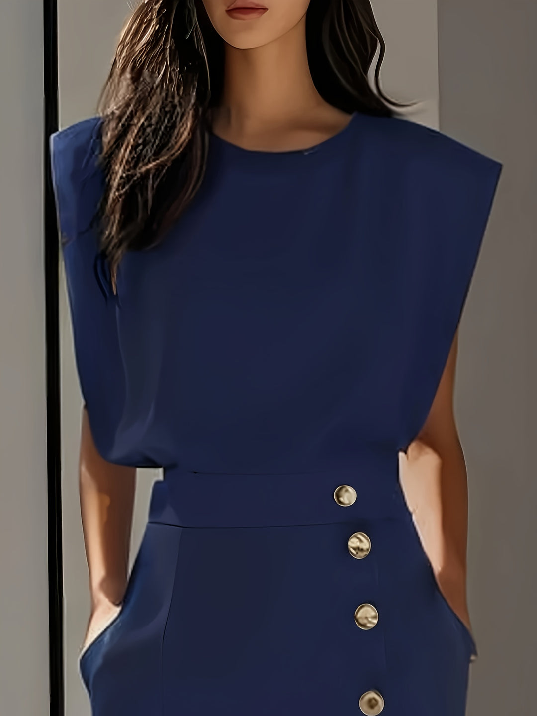 Tweedelige Set – Mouwloze Top & Midi-Rok met Knoopdetails