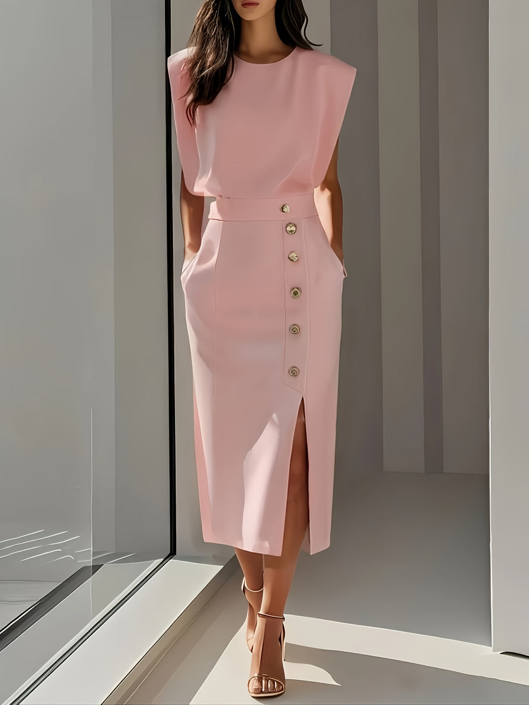 Tweedelige Set – Mouwloze Top & Midi-Rok met Knoopdetails