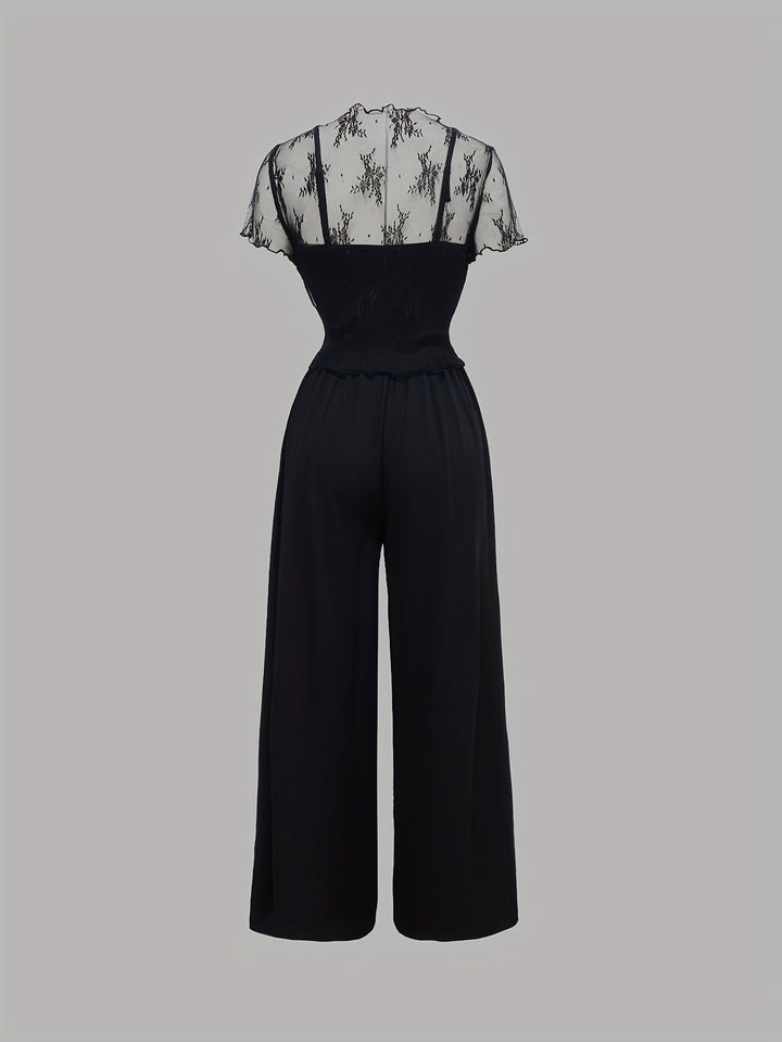 Tweedelige Set - Wijde Pijpen Jumpsuit & Mesh Cover-Up Top