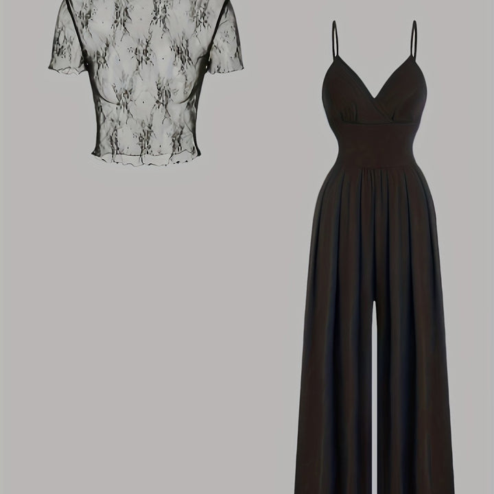 Tweedelige Set - Wijde Pijpen Jumpsuit & Mesh Cover-Up Top