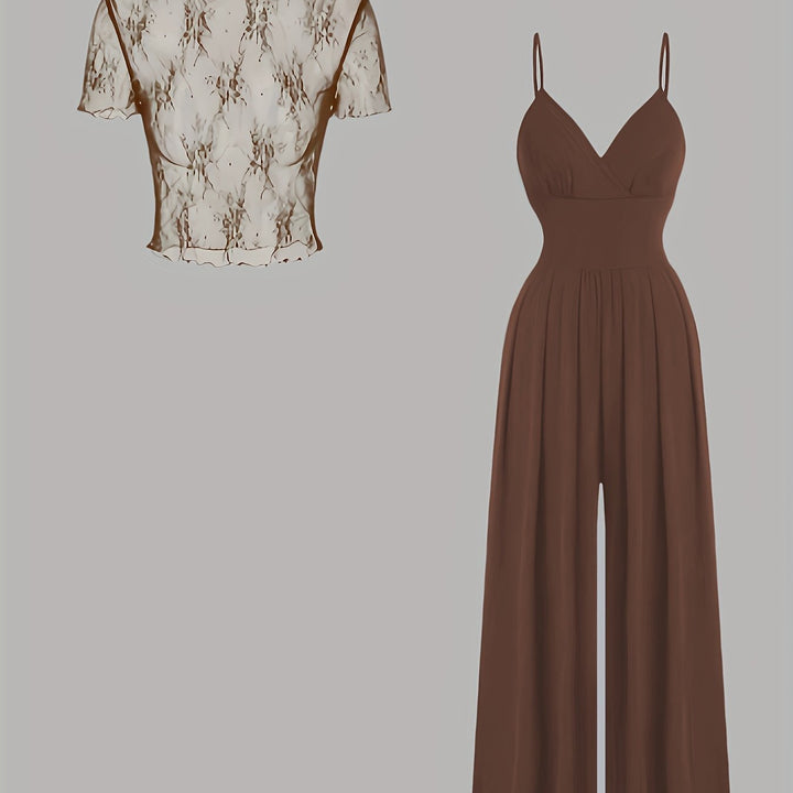 Tweedelige Set - Wijde Pijpen Jumpsuit & Mesh Cover-Up Top