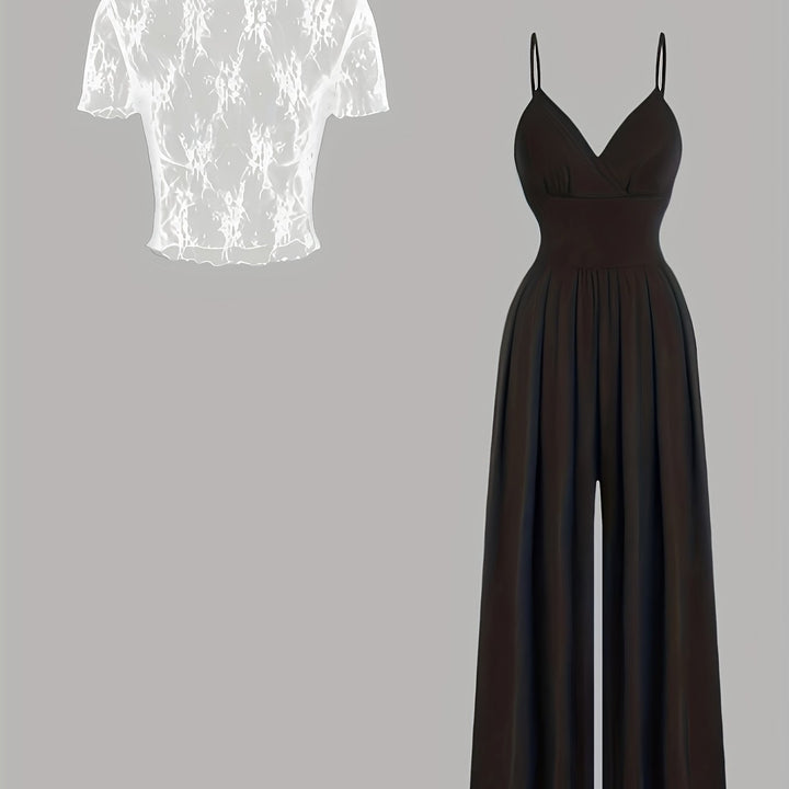 Tweedelige Set - Wijde Pijpen Jumpsuit & Mesh Cover-Up Top