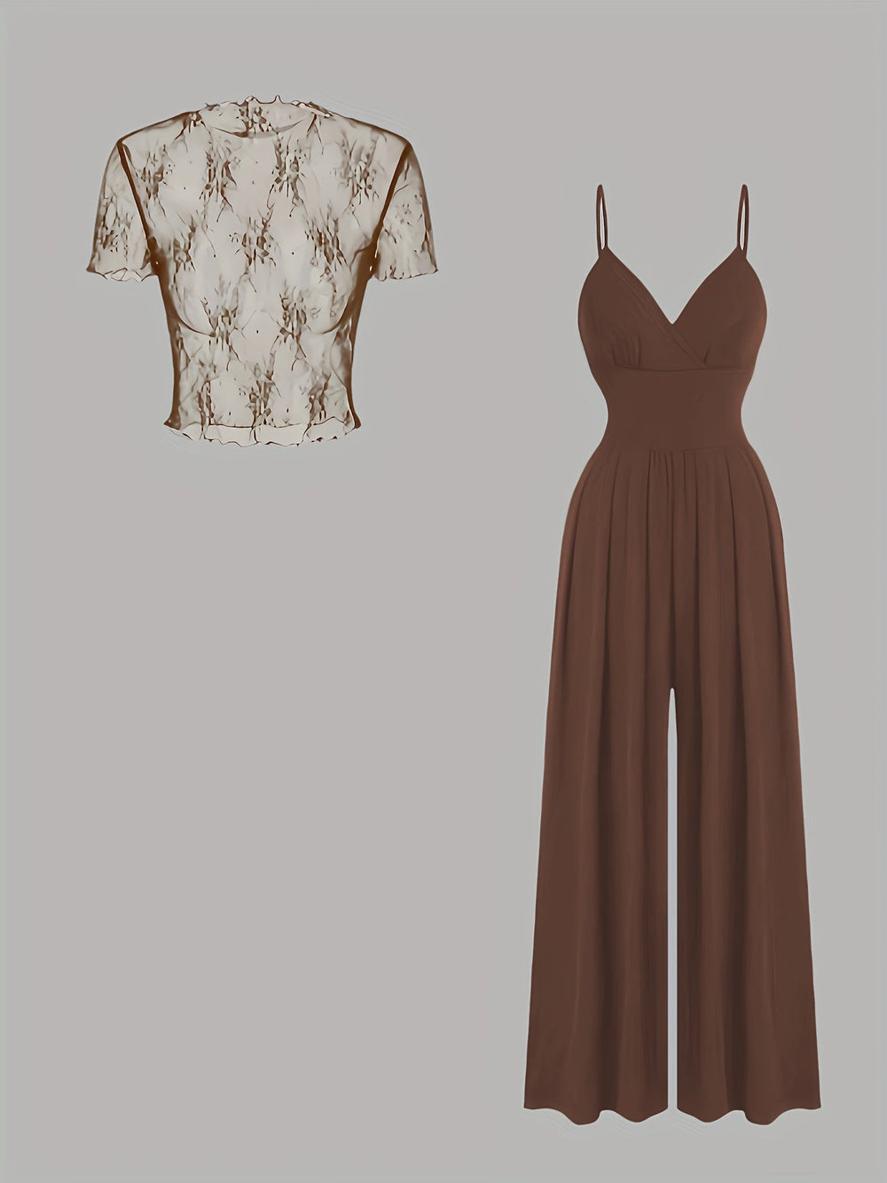 Tweedelige Set - Wijde Pijpen Jumpsuit & Mesh Cover-Up Top