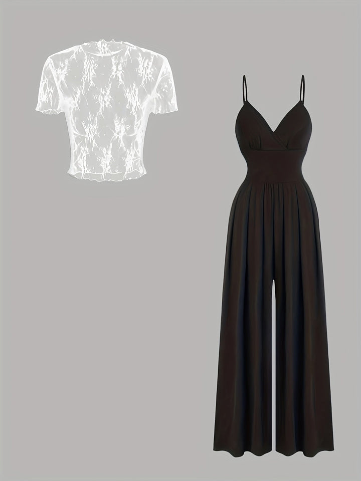 Tweedelige Set - Wijde Pijpen Jumpsuit & Mesh Cover-Up Top