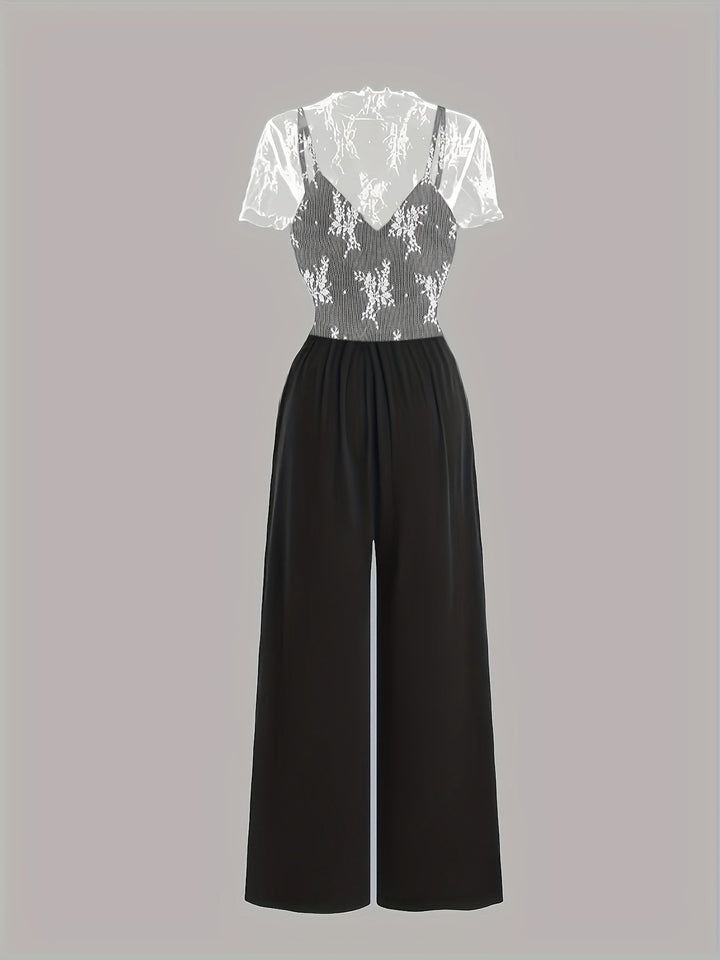Tweedelige Set - Wijde Pijpen Jumpsuit & Mesh Cover-Up Top