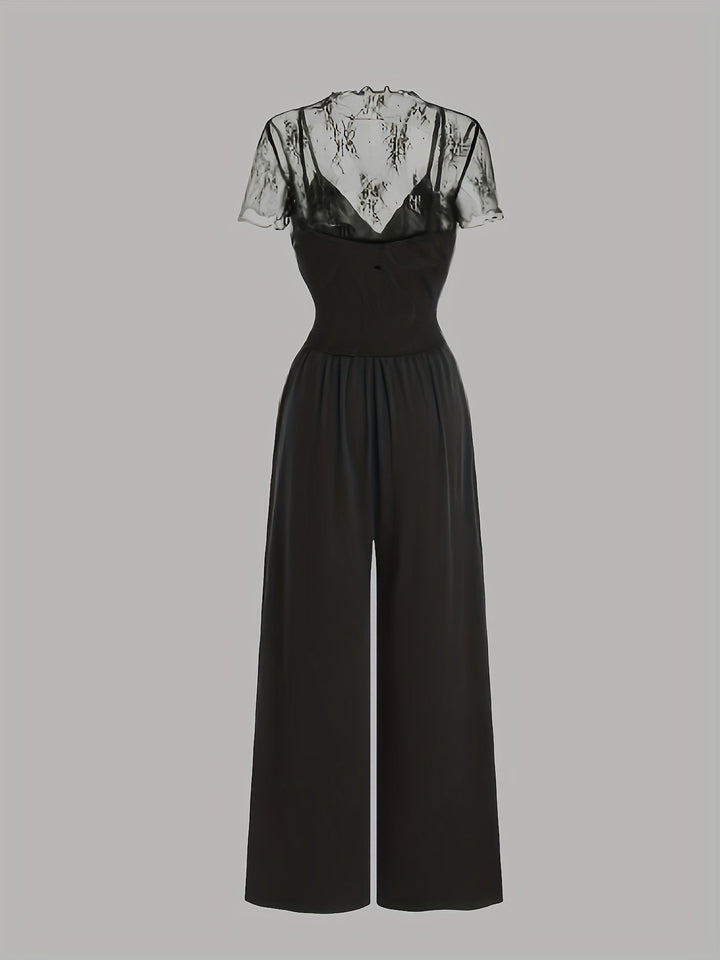 Tweedelige Set - Wijde Pijpen Jumpsuit & Mesh Cover-Up Top