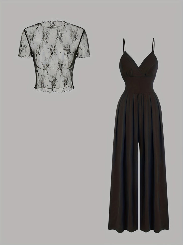 Tweedelige Set - Wijde Pijpen Jumpsuit & Mesh Cover-Up Top