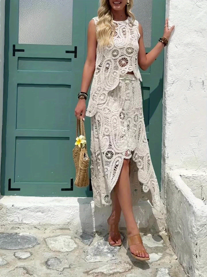 Uitgesneden Mesh Haakwerk Set – Mouwloos Vest & Hoge Taille Rok