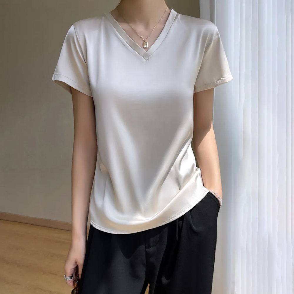 V-Hals Blouse - Korte Mouwen & Gladde Satijn Look