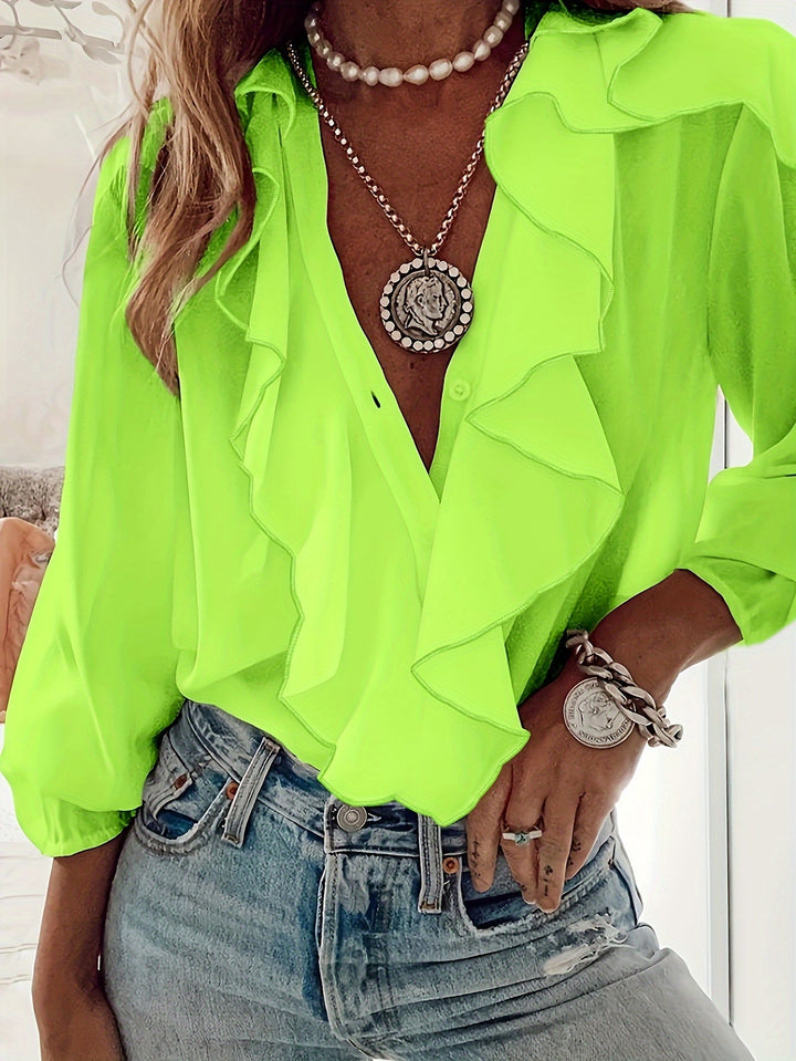 V-Hals Blouse - Rimpelrand & Lange Mouwen Ontwerp