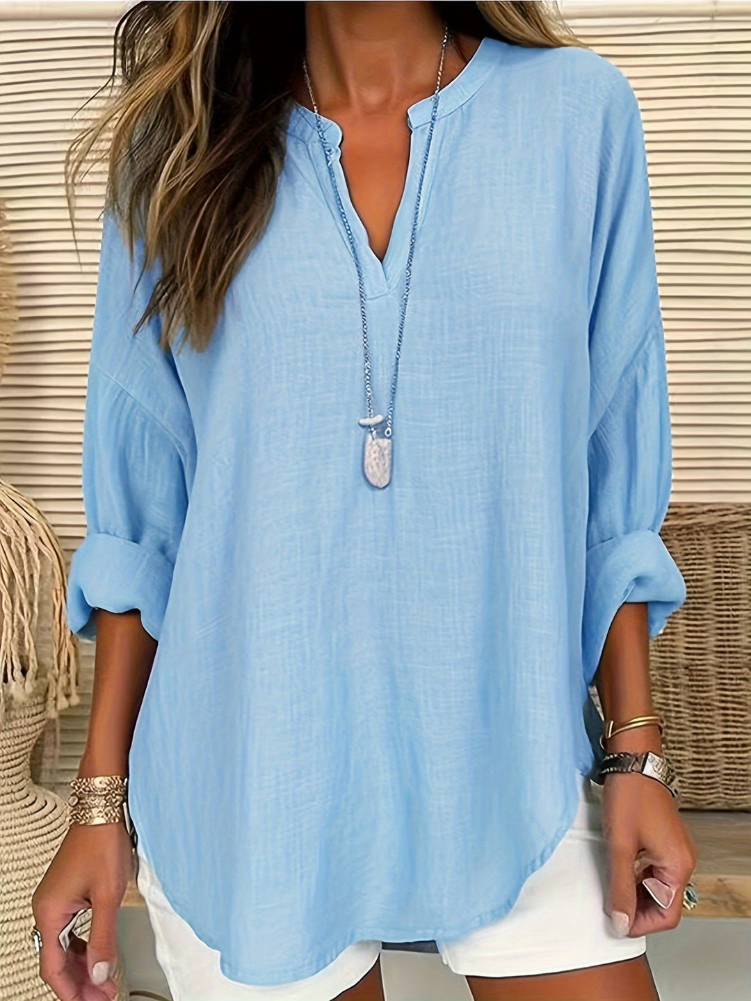 V-Hals Lange Mouwen Shirt - Relaxed Fit en Lichtgewicht Stof