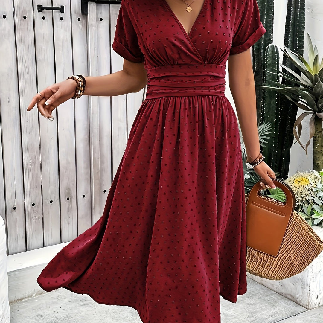 V-Hals Midi Jurk – Korte Mouwen & Ademend Materiaal