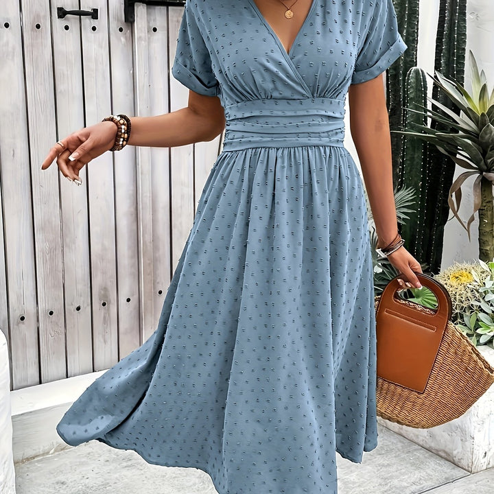 V-Hals Midi Jurk – Korte Mouwen & Ademend Materiaal