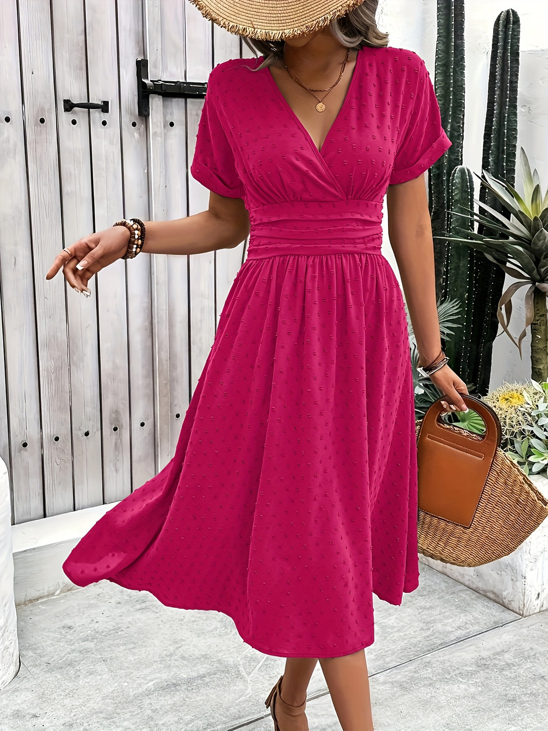 V-Hals Midi Jurk – Korte Mouwen & Ademend Materiaal