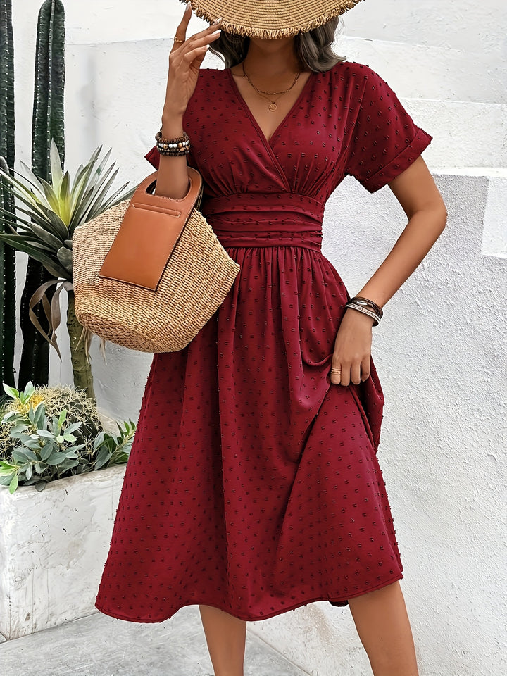 V-Hals Midi Jurk – Korte Mouwen & Ademend Materiaal