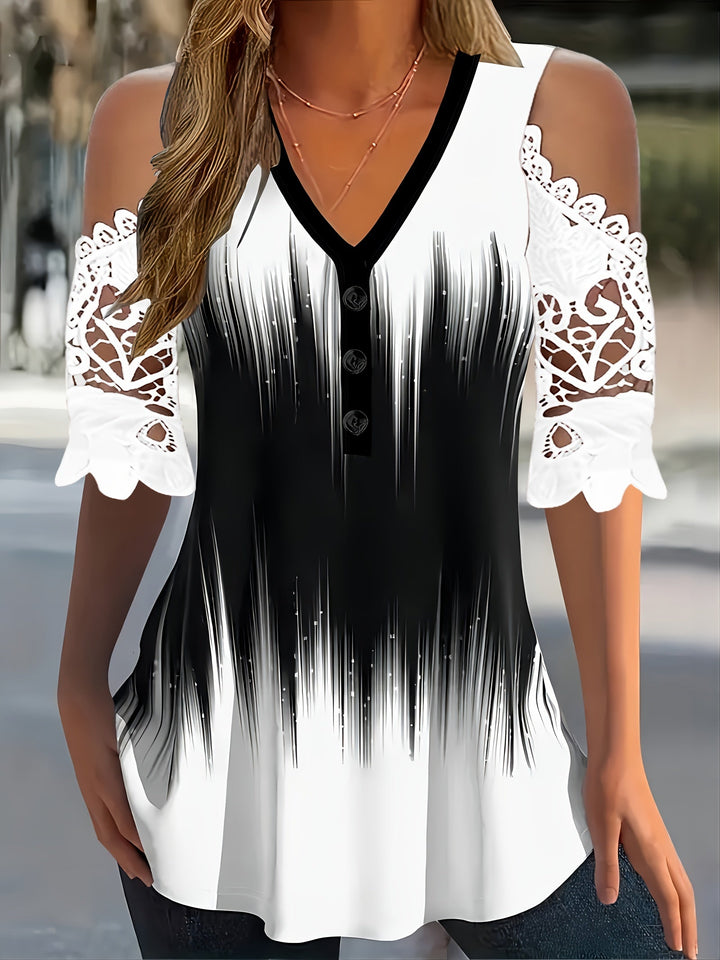 V-Hals T-Shirt - Kant Inzet Ontwerp & Korte Mouwen