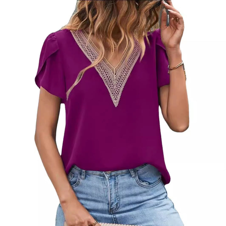 V-hals Blouse – Kanten Detail & Casual Stijl