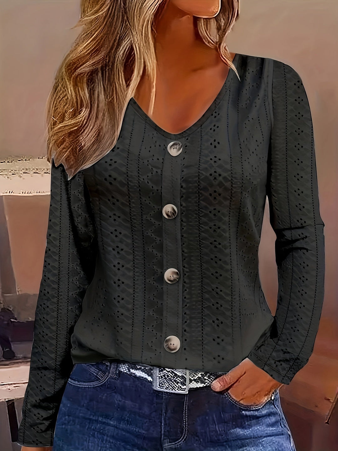 V-hals Blouse - Ooglet Detail & Semi-doorzichtig Stof