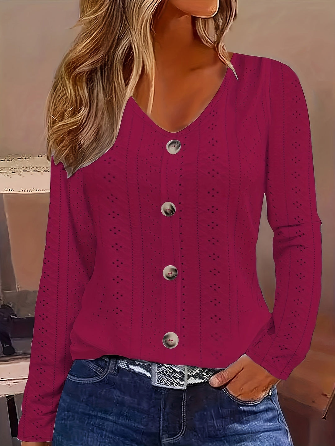 V-hals Blouse - Ooglet Detail & Semi-doorzichtig Stof