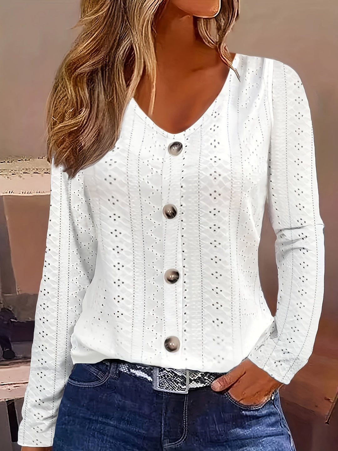 V-hals Blouse - Ooglet Detail & Semi-doorzichtig Stof